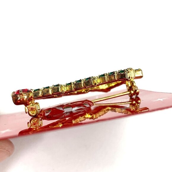 Merry & Bright Crystal Studded Christmas Tree Pin Green Red & Gold 1.75" NWOT - Picture 3 of 4